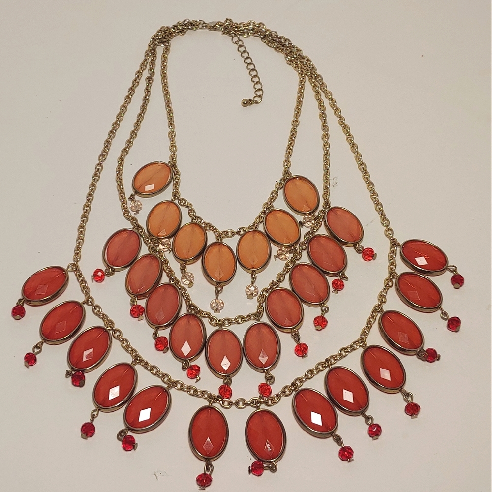 Vintage costume jewelry. 3 tier necklace on gold tone chains